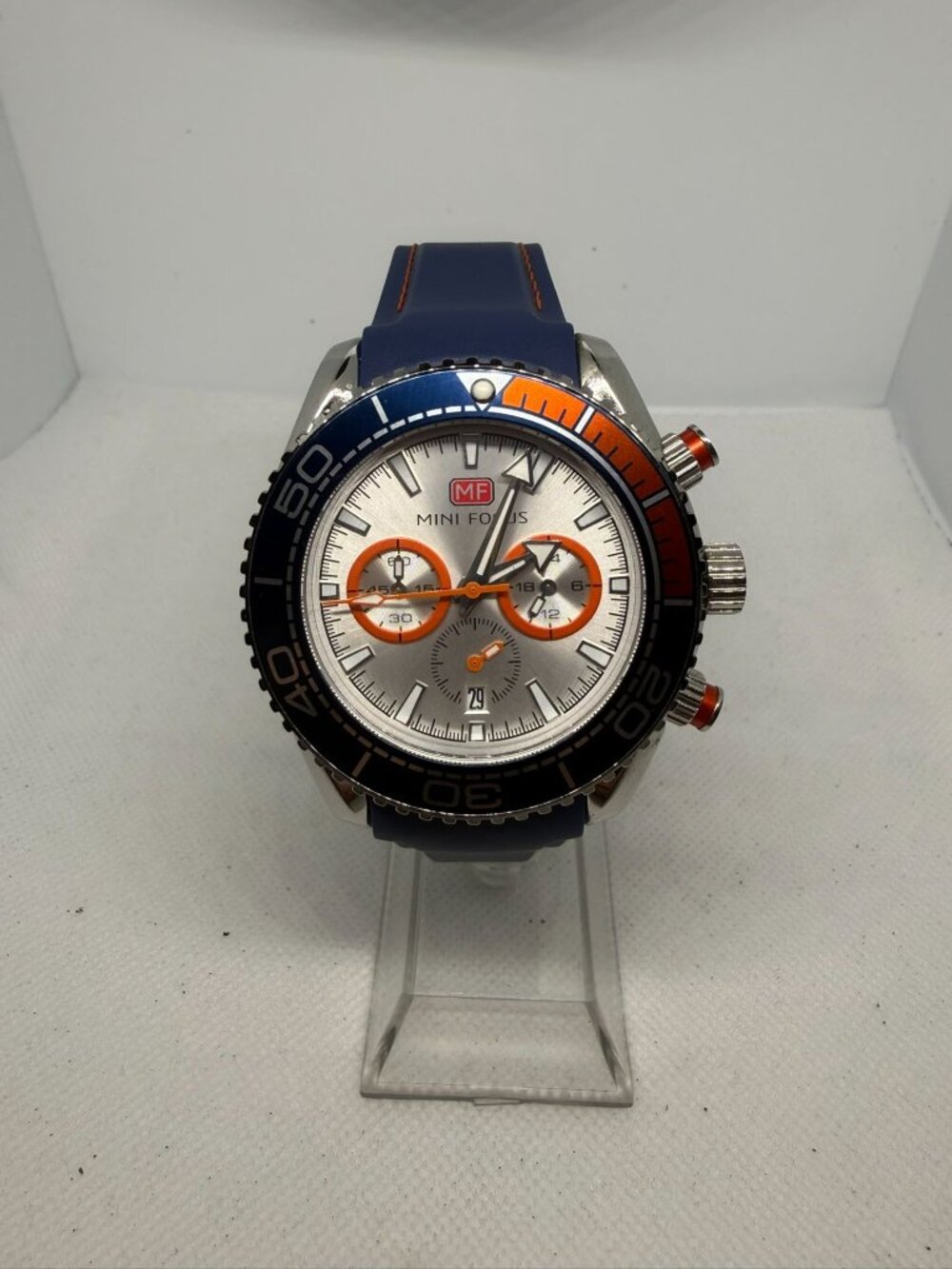 Mini Focus MF0426G Men's 47mm Silver Orange Chronograph Blue Silicone Watch